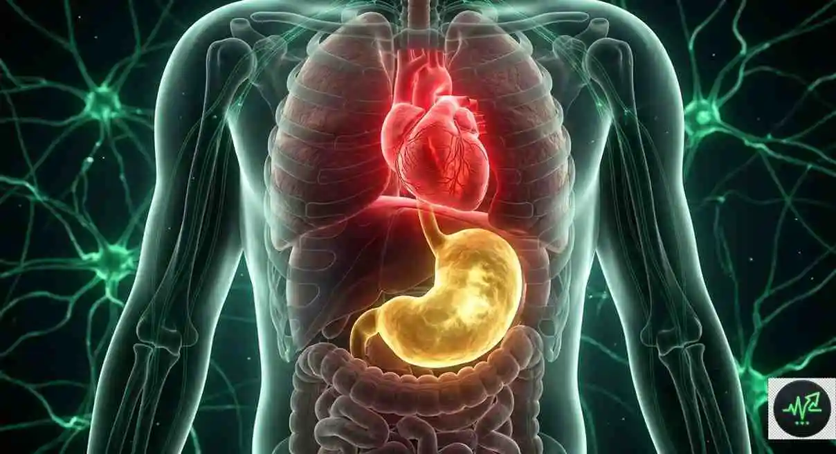 Medical visualization showing gastric gas pressure pressing against the heart