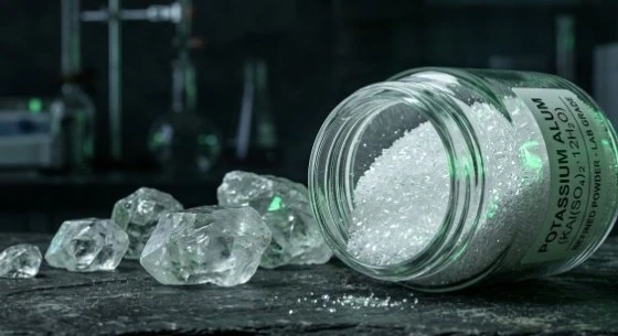 Refined white potassium alum powder in glass jar for traditional topical use