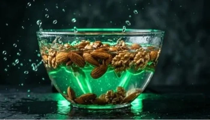 A comparison of dry almonds and walnuts next to soaked ones in water, showing life and vitality.